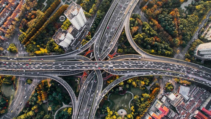 Aerial view of a busy highway interchange in Shanghai, China