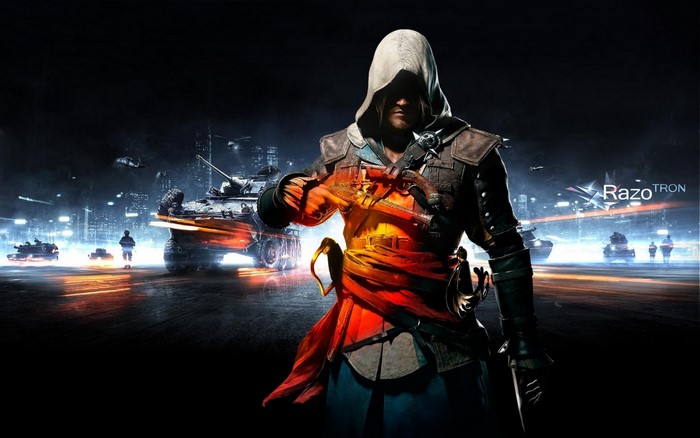 Assassin from Assassin's Creed Amid Battlefield Tanks