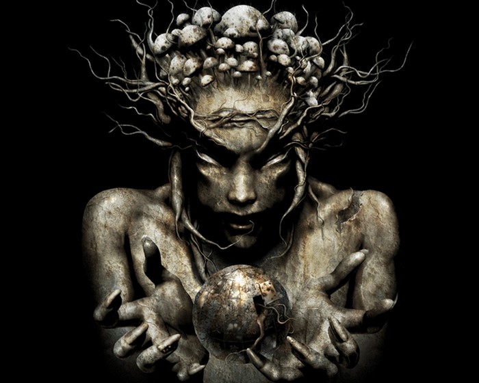 Mushroom-crowned figure holding a cracked globe