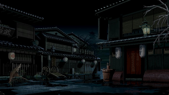 Pixel Art Nighttime Asian Street Scene