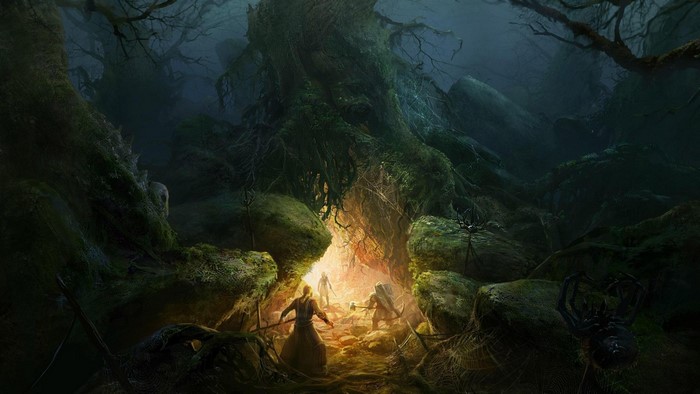 Fantasy art of adventurers in a dark forest