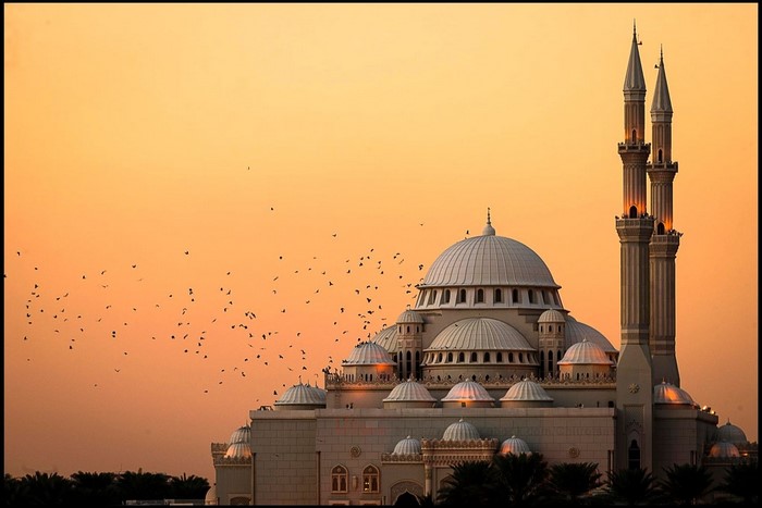 Mosque with minarets and domes at sunset with birds