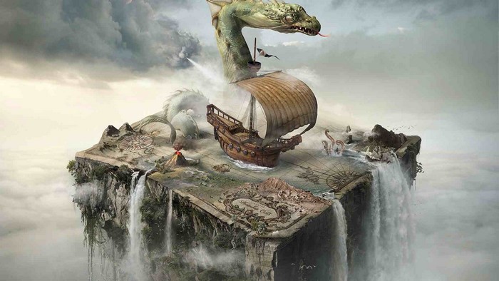 Surreal map with dragon and ship on floating island