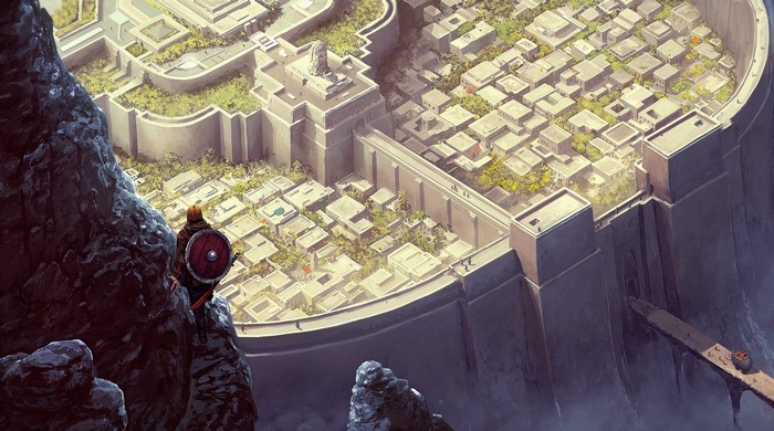 Fantasy city on a cliff with a warrior overlooking it