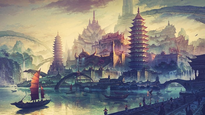 Fantasy Asian Cityscape with Pagodas and Sailboat