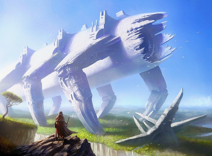Giant mechanical creature in a fantasy landscape
