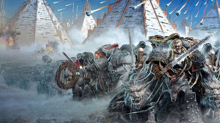 Warriors on wolves attacking pyramids