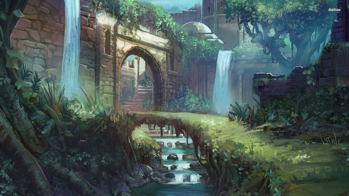 Fantasy ruins with waterfalls and overgrown bridge