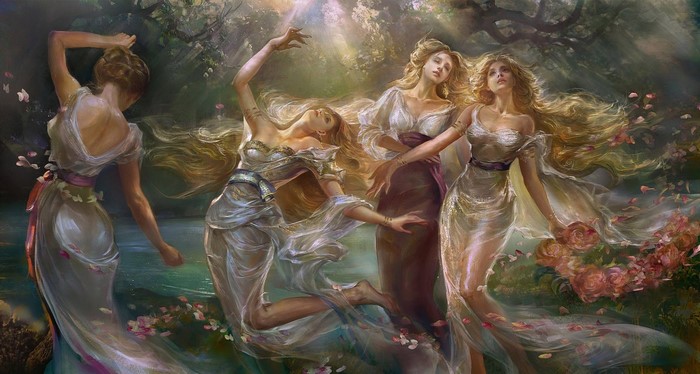 Four women dancing in a sunlit forest clearing