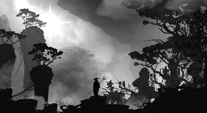 Monochrome fantasy landscape with a lone figure