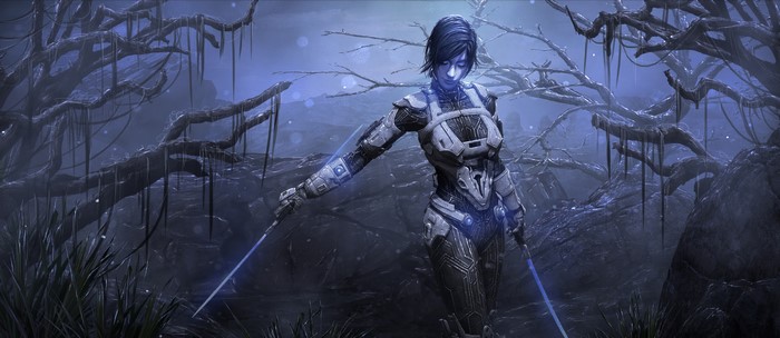 Woman in sci-fi armor with glowing swords in a dark forest