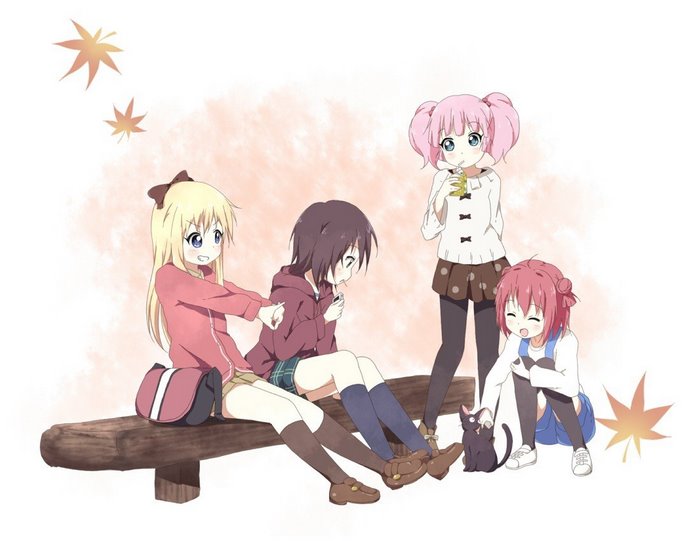 Yuru Yuri characters on a bench with a cat