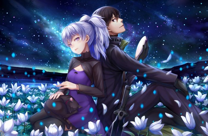 Hei and Yin from Darker than Black in a field of flowers