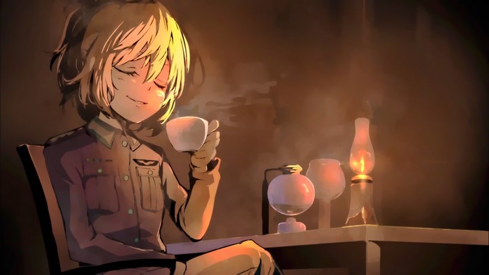 Tanya Degurechaff from Youjo Senki drinking tea