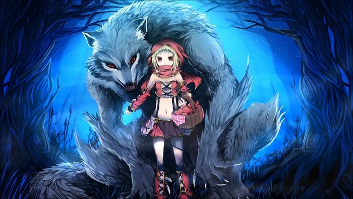 Anime girl with wolf in forest
