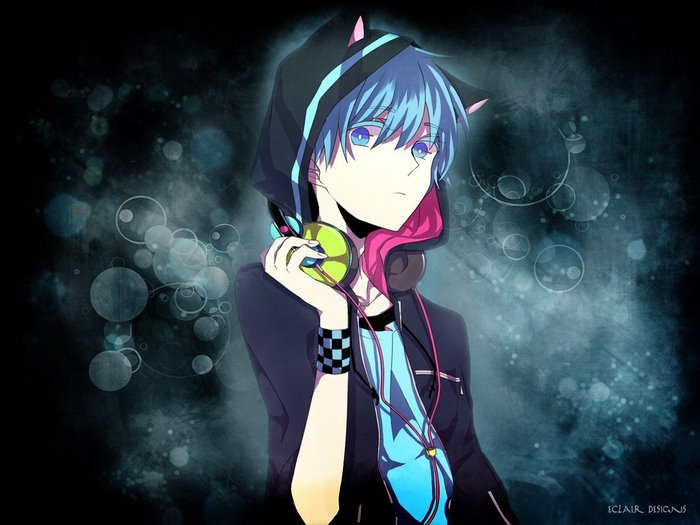 Anime boy with blue hair and headphones
