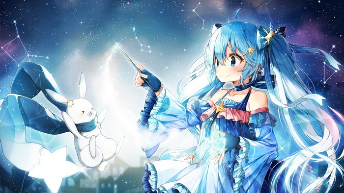 Hatsune Miku with a bunny in a starry night sky