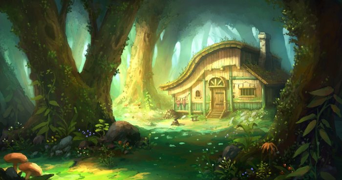 Fantasy forest cabin with mushrooms and trees