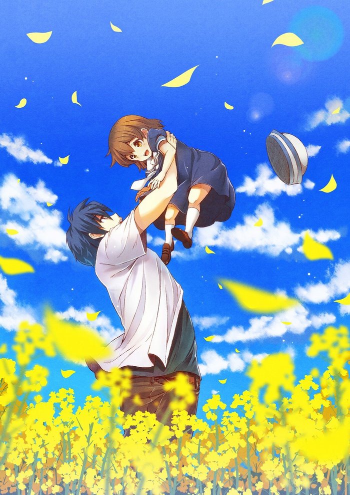 Clannad: Tomoya Okazaki and Ushio Okazaki in a field