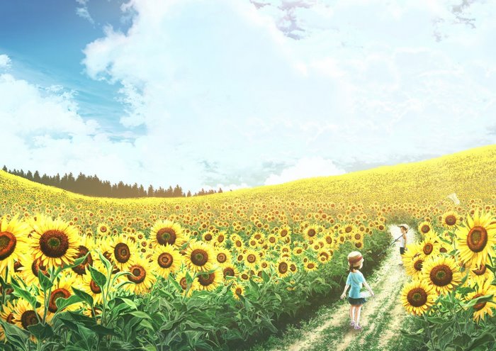 Field of sunflowers with two children
