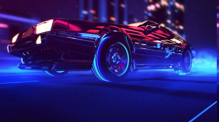 Retro DeLorean car in neon city at night