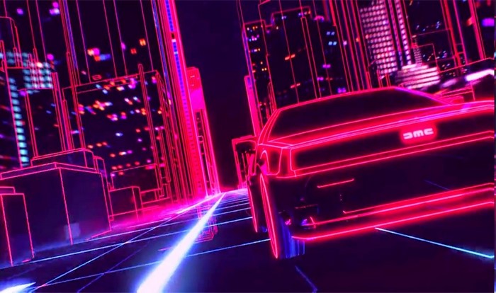 Retro wave DeLorean car in neon city