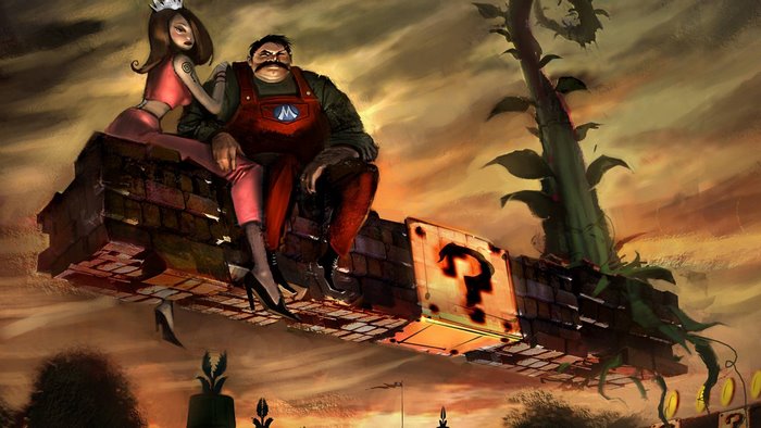 Dark Mario and Princess Peach on a beanstalk