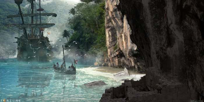 Pirate ship and boat near a tropical island cave