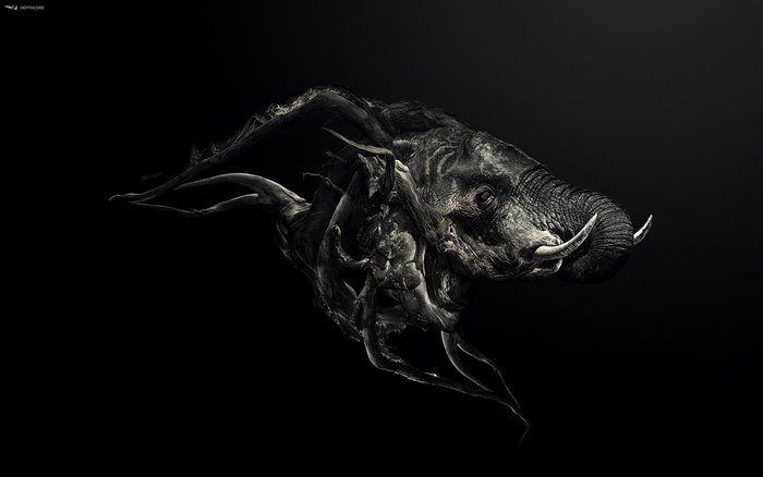 Surreal elephant made of dark organic matter