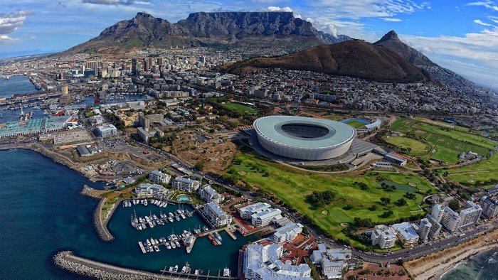 Cape Town cityscape with Table Mountain and stadium