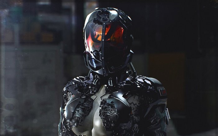 Cyberpunk bounty hunter in damaged armor