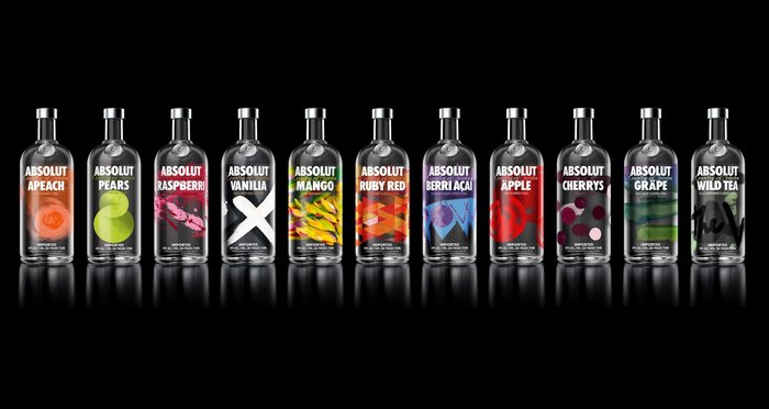 Absolut Vodka bottles with various flavors