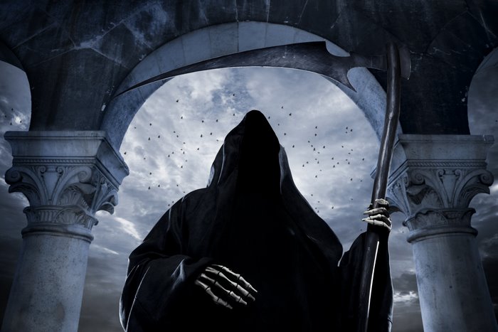 Grim Reaper with Scythe under Gothic Archway