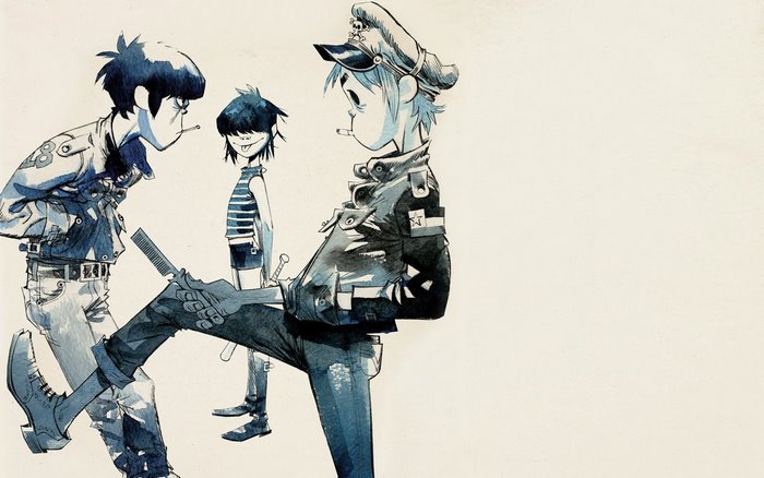 Gorillaz characters 2-D, Noodle, and Murdoc Niccals