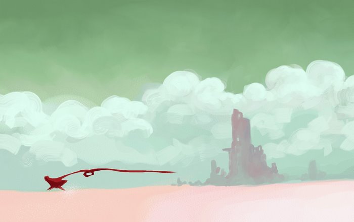Journey game character with red scarf in desert landscape