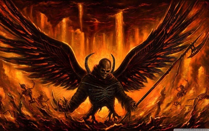 Satan with wings and a trident in hell