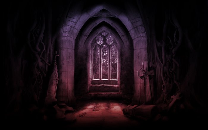 Gothic interior with arched window and crosses