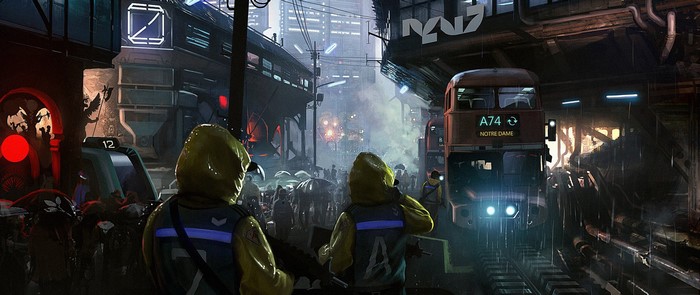 Cyberpunk city street with people in hazmat suits and a train