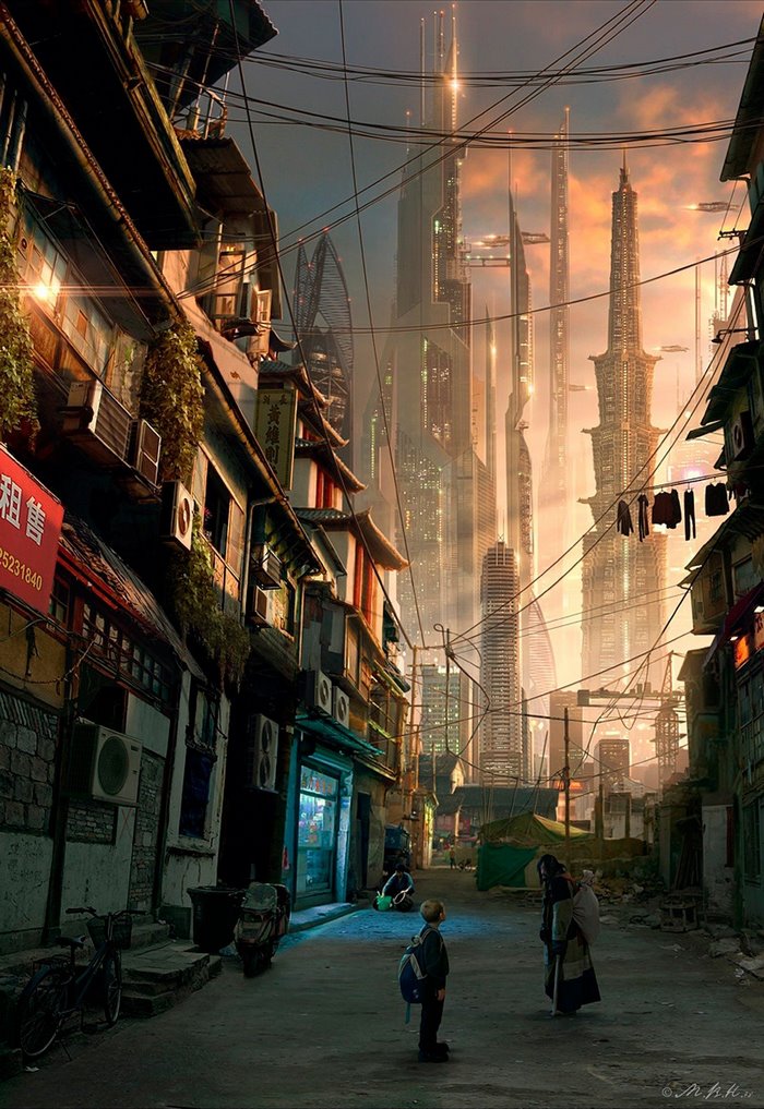 Futuristic Asian city street with skyscrapers and old buildings