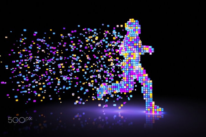 Runner made of colorful pixels dissolving into particles