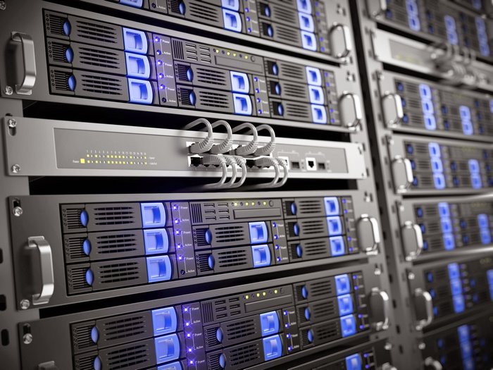 Server rack with network switch and blinking lights