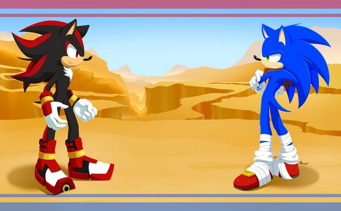 Shadow the Hedgehog and Sonic from Sonic Boom in a desert