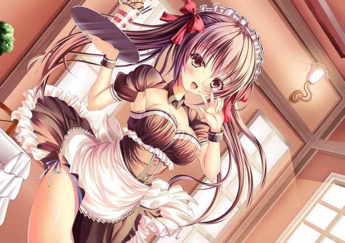 Anime girl in maid outfit holding a tray