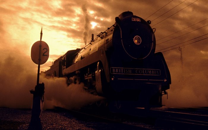 British Columbia steam locomotive 2860 at sunset