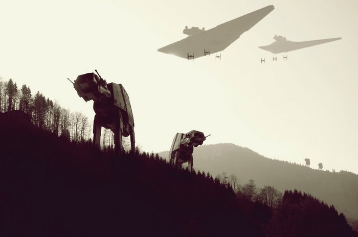 Star Wars AT-AT walkers and Star Destroyers in a forest
