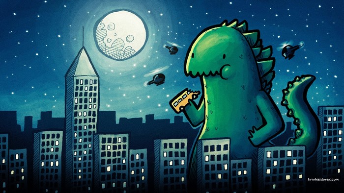 Cartoon Godzilla eating a bus in a city at night