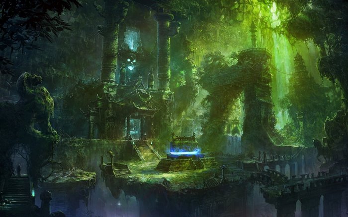 Fantasy jungle temple with ancient ruins and glowing artifact