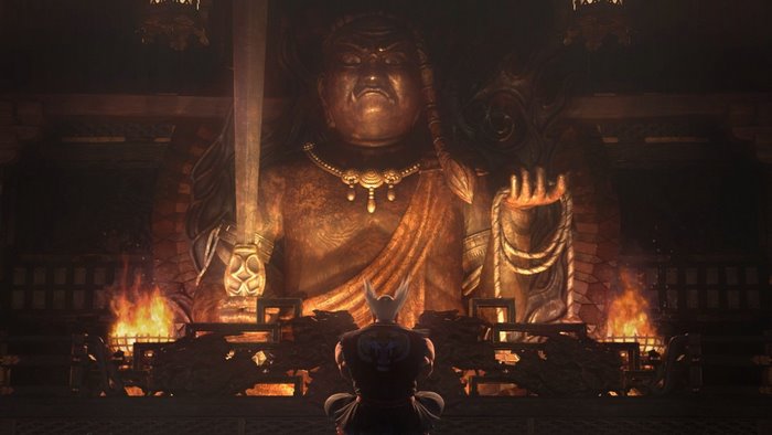 Heihachi Mishima from Tekken 7 meditating before a large statue