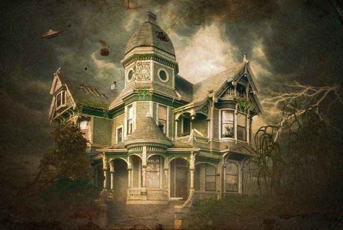Haunted Victorian House with UFO and Lightning