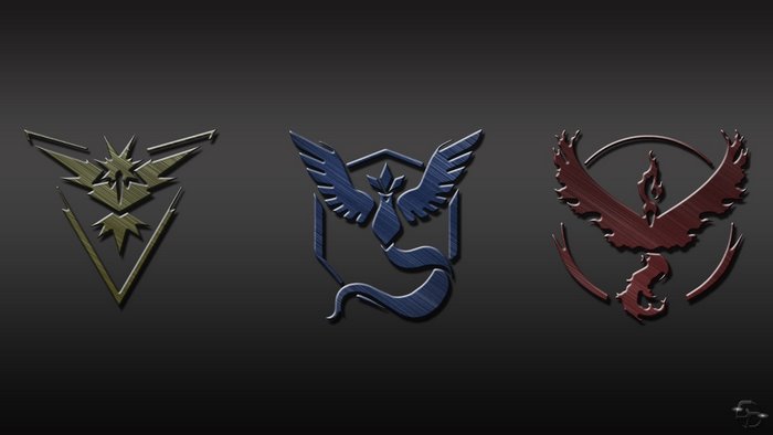 Pokemon Go Team Instinct, Mystic, and Valor logos
